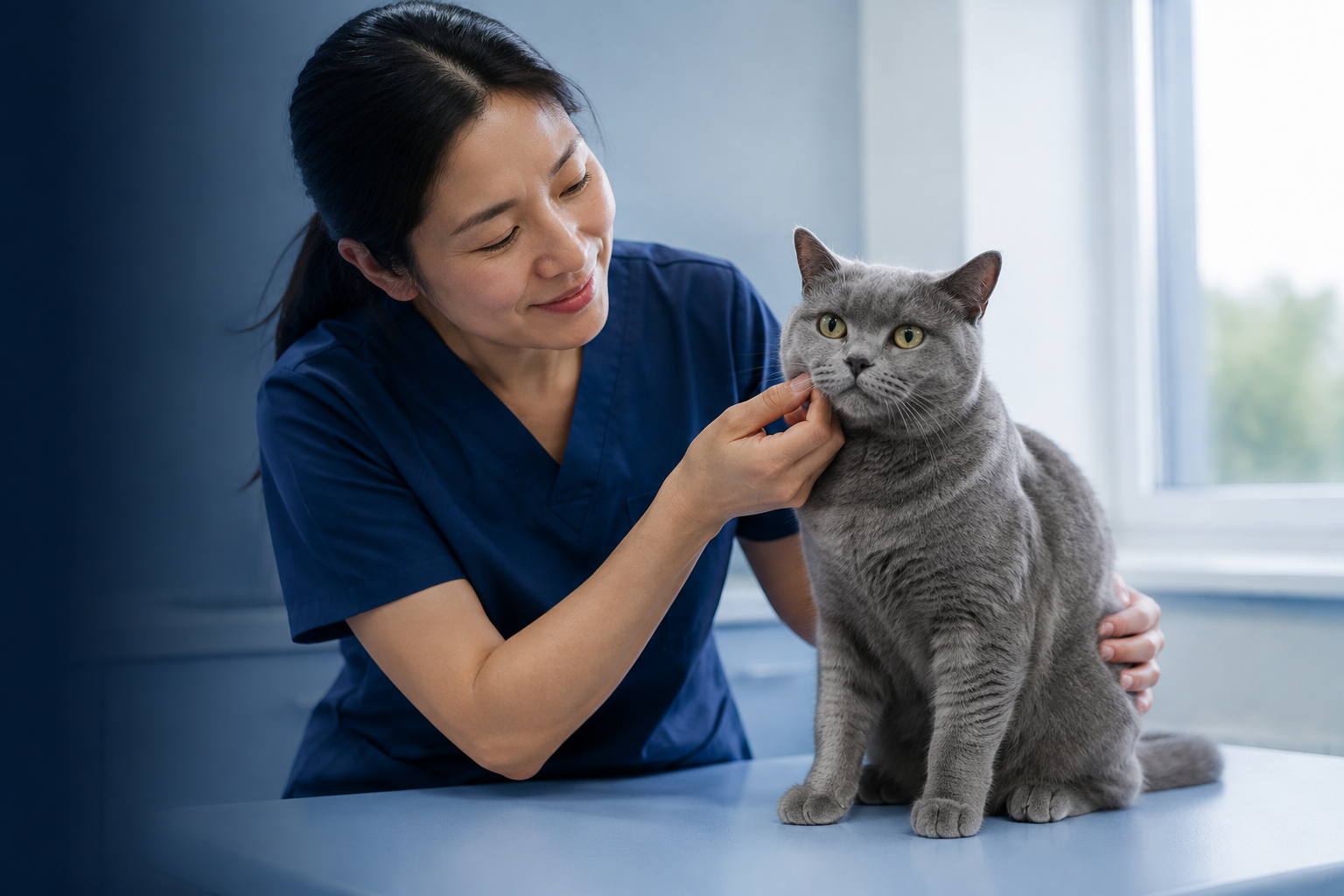 兽医轻柔照顾银灰色猫咪，人和动物自然信任的品牌情景图