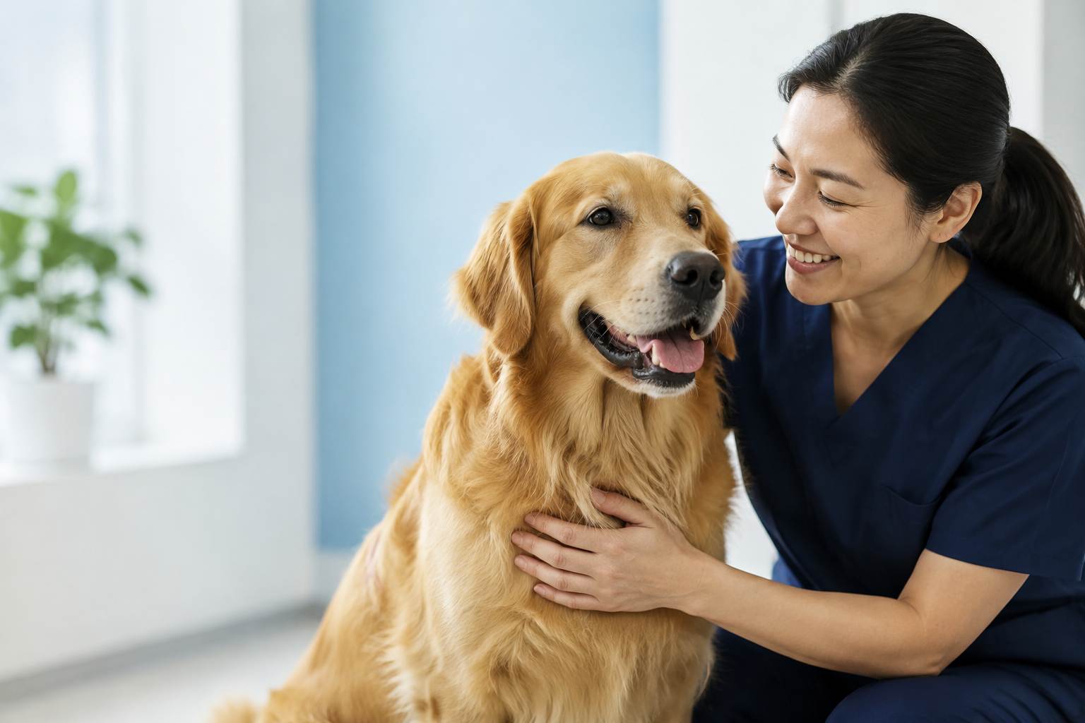 兽医轻抚金毛犬，人与动物自然相伴的品牌情景图
